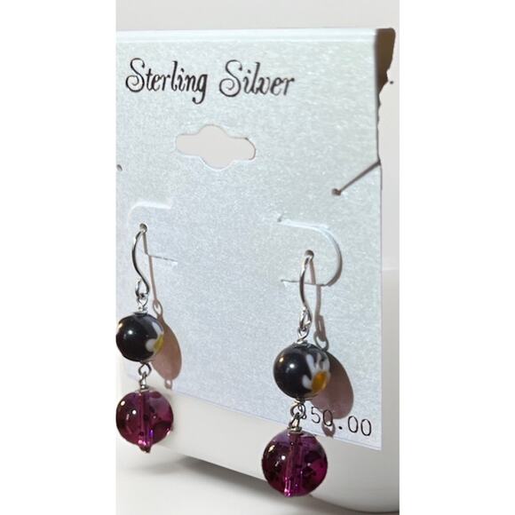 Sterling Multicolor millifiori glass beaded Pierced Earrings Jewelry 1.5 Inch - Picture 3 of 4